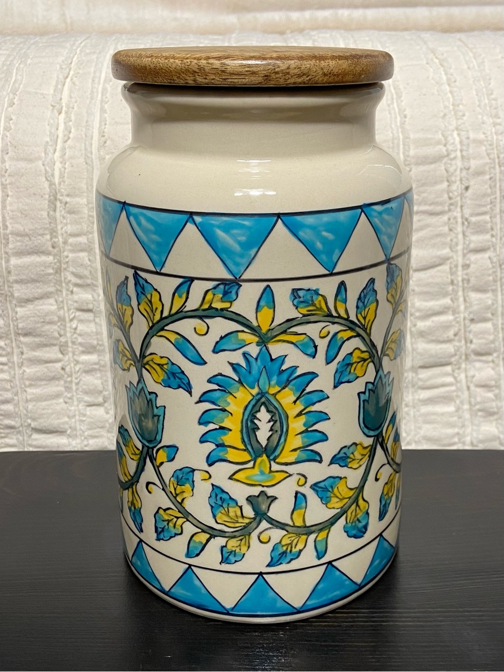 Ceramic Kitchen Canister with Blue and Yellow Floral Design